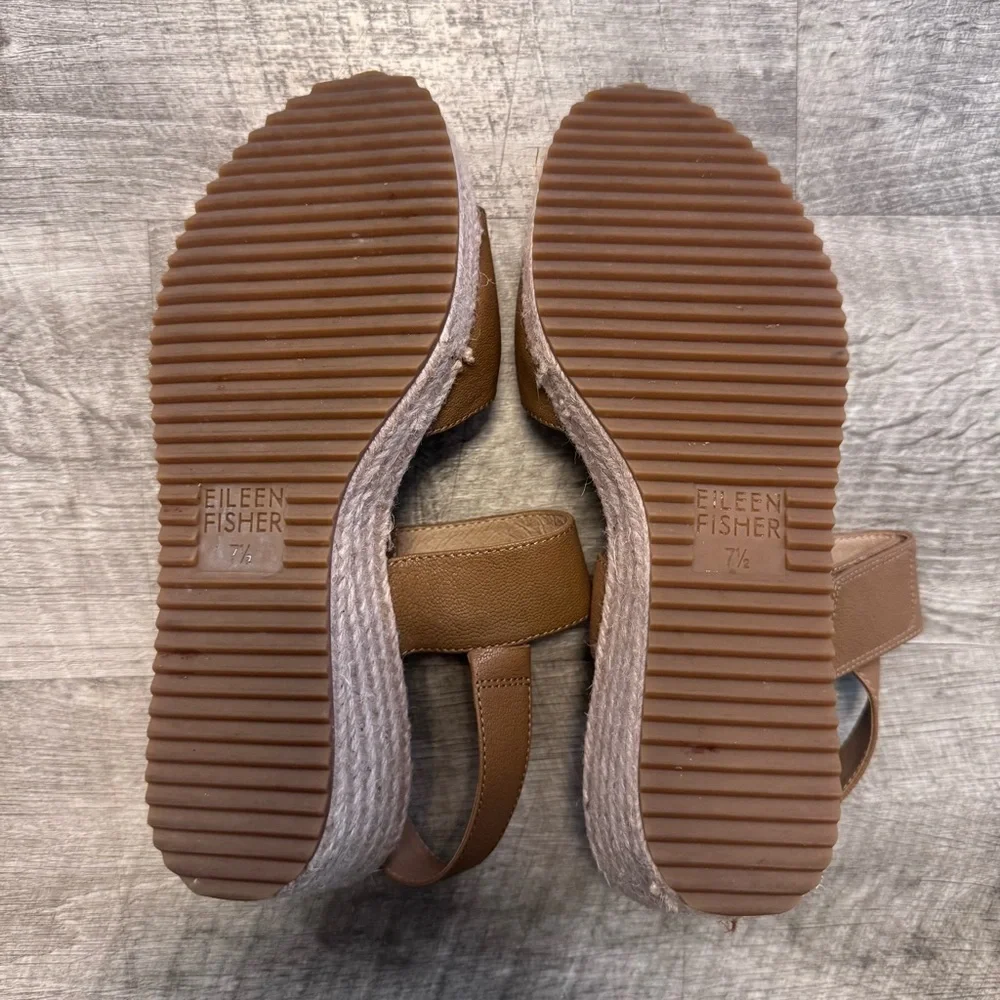 Eileen Fisher Slingback Open Toe Wedge Sandal Tan Leather Womens Sz. 7.5